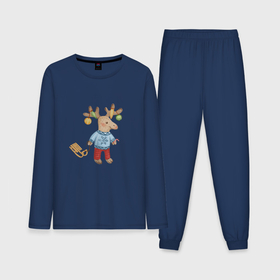 Мужская пижама хлопок (с лонгсливом) с принтом Рождественский олень с санями в Петрозаводске,  |  | 