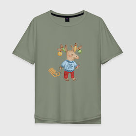 Мужская футболка хлопок Oversize с принтом Рождественский олень с санями , 100% хлопок | свободный крой, круглый ворот, “спинка” длиннее передней части | 