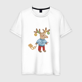 Мужская футболка хлопок с принтом Рождественский олень с санями в Тюмени, 100% хлопок | прямой крой, круглый вырез горловины, длина до линии бедер, слегка спущенное плечо. | Тематика изображения на принте: 