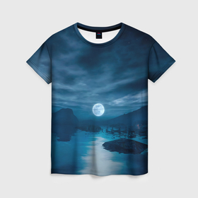 Женская футболка 3D с принтом Пейзаж озера, берега и луны   Dear Esther в Екатеринбурге, 100% полиэфир ( синтетическое хлопкоподобное полотно) | прямой крой, круглый вырез горловины, длина до линии бедер | 