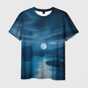 Мужская футболка 3D с принтом Пейзаж озера, берега и луны   Dear Esther в Екатеринбурге, 100% полиэфир | прямой крой, круглый вырез горловины, длина до линии бедер | 