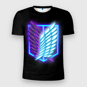 Мужская футболка 3D Slim с принтом Attack on Titan neon logo в Кировске, 100% полиэстер с улучшенными характеристиками | приталенный силуэт, круглая горловина, широкие плечи, сужается к линии бедра | Тематика изображения на принте: 