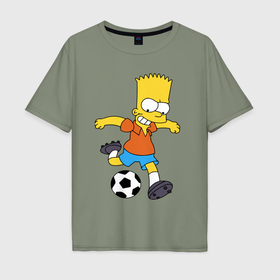 Мужская футболка хлопок Oversize с принтом Барт Симпсон бьёт по футбольному мячу в Кировске, 100% хлопок | свободный крой, круглый ворот, “спинка” длиннее передней части | 
