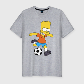Мужская футболка хлопок Slim с принтом Барт Симпсон бьёт по футбольному мячу в Курске, 92% хлопок, 8% лайкра | приталенный силуэт, круглый вырез ворота, длина до линии бедра, короткий рукав | Тематика изображения на принте: 