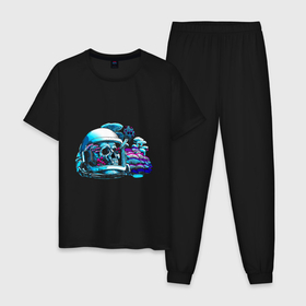 Мужская пижама хлопок с принтом Skull with mushrooms в Санкт-Петербурге, 100% хлопок | брюки и футболка прямого кроя, без карманов, на брюках мягкая резинка на поясе и по низу штанин
 | 
