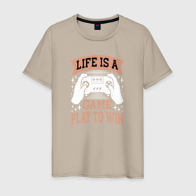 Мужская футболка хлопок с принтом Life is a game play to win в Екатеринбурге, 100% хлопок | прямой крой, круглый вырез горловины, длина до линии бедер, слегка спущенное плечо. | Тематика изображения на принте: 