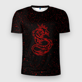 Мужская футболка 3D Slim с принтом Красный неоновый дракон в Белгороде, 100% полиэстер с улучшенными характеристиками | приталенный силуэт, круглая горловина, широкие плечи, сужается к линии бедра | 