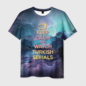 Мужская футболка 3D с принтом Keep calm and watch serials в Кировске, 100% полиэфир | прямой крой, круглый вырез горловины, длина до линии бедер | 