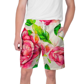 Мужские шорты 3D с принтом Яркие выразительные розы ,  полиэстер 100% | прямой крой, два кармана без застежек по бокам. Мягкая трикотажная резинка на поясе, внутри которой широкие завязки. Длина чуть выше колен | 