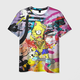 Мужская футболка 3D с принтом Зомби Барт Симпсон с рогаткой на фоне граффити в Курске, 100% полиэфир | прямой крой, круглый вырез горловины, длина до линии бедер | 
