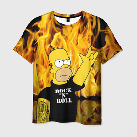 Мужская футболка 3D с принтом Homer Simpson   Rock n Roll в Новосибирске, 100% полиэфир | прямой крой, круглый вырез горловины, длина до линии бедер | 