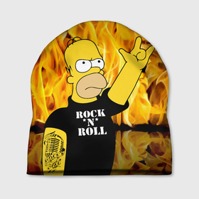 Шапка 3D с принтом Homer Simpson   Rock n Roll в Петрозаводске, 100% полиэстер | универсальный размер, печать по всей поверхности изделия | Тематика изображения на принте: 