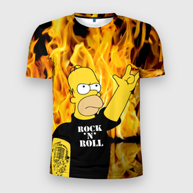 Мужская футболка 3D Slim с принтом Homer Simpson   Rock n Roll в Новосибирске, 100% полиэстер с улучшенными характеристиками | приталенный силуэт, круглая горловина, широкие плечи, сужается к линии бедра | Тематика изображения на принте: 