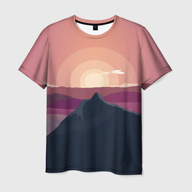 Мужская футболка 3D с принтом Горы восход солнца  Mountain landscape в Екатеринбурге, 100% полиэфир | прямой крой, круглый вырез горловины, длина до линии бедер | 