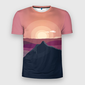 Мужская футболка 3D Slim с принтом Горы восход солнца  Mountain landscape в Курске, 100% полиэстер с улучшенными характеристиками | приталенный силуэт, круглая горловина, широкие плечи, сужается к линии бедра | 