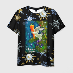 Мужская футболка 3D с принтом Новый год зайчик с морковью в Петрозаводске, 100% полиэфир | прямой крой, круглый вырез горловины, длина до линии бедер | 