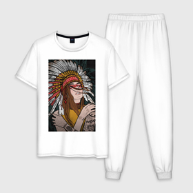 Мужская пижама хлопок с принтом По ту сторону индейцев в Курске, 100% хлопок | брюки и футболка прямого кроя, без карманов, на брюках мягкая резинка на поясе и по низу штанин
 | 