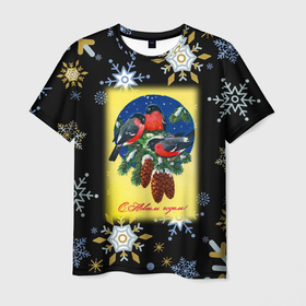 Мужская футболка 3D с принтом Новый год три снегиря в Кировске, 100% полиэфир | прямой крой, круглый вырез горловины, длина до линии бедер | 