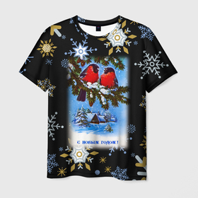 Мужская футболка 3D с принтом Новый год два снегиря сидят на ветке в Санкт-Петербурге, 100% полиэфир | прямой крой, круглый вырез горловины, длина до линии бедер | Тематика изображения на принте: 