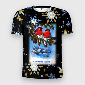 Мужская футболка 3D Slim с принтом Новый год два снегиря сидят на ветке в Санкт-Петербурге, 100% полиэстер с улучшенными характеристиками | приталенный силуэт, круглая горловина, широкие плечи, сужается к линии бедра | Тематика изображения на принте: 