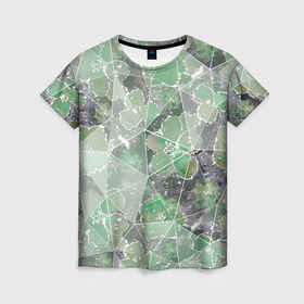 Женская футболка 3D с принтом Зеленые цветы на сером мраморном фоне в Петрозаводске, 100% полиэфир ( синтетическое хлопкоподобное полотно) | прямой крой, круглый вырез горловины, длина до линии бедер | 