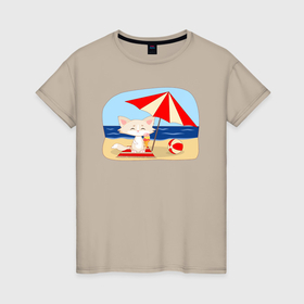 Женская футболка хлопок с принтом Кошечка на пляже с мороженым в Тюмени, 100% хлопок | прямой крой, круглый вырез горловины, длина до линии бедер, слегка спущенное плечо | 