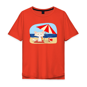 Мужская футболка хлопок Oversize с принтом Кошечка на пляже с мороженым в Петрозаводске, 100% хлопок | свободный крой, круглый ворот, “спинка” длиннее передней части | 