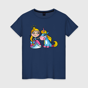 Женская футболка хлопок с принтом Принцесса и единорог в Санкт-Петербурге, 100% хлопок | прямой крой, круглый вырез горловины, длина до линии бедер, слегка спущенное плечо | 