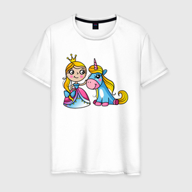 Мужская футболка хлопок с принтом Принцесса и единорог в Белгороде, 100% хлопок | прямой крой, круглый вырез горловины, длина до линии бедер, слегка спущенное плечо. | Тематика изображения на принте: 