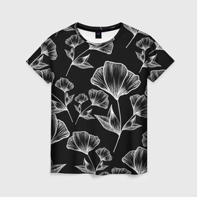 Женская футболка 3D с принтом Графичные цветы на черном фоне в Белгороде, 100% полиэфир ( синтетическое хлопкоподобное полотно) | прямой крой, круглый вырез горловины, длина до линии бедер | 