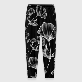 Мужские брюки 3D с принтом Графичные цветы на черном фоне в Тюмени, 100% полиэстер | манжеты по низу, эластичный пояс регулируется шнурком, по бокам два кармана без застежек, внутренняя часть кармана из мелкой сетки | Тематика изображения на принте: 