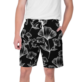 Мужские шорты 3D с принтом Графичные цветы на черном фоне в Петрозаводске,  полиэстер 100% | прямой крой, два кармана без застежек по бокам. Мягкая трикотажная резинка на поясе, внутри которой широкие завязки. Длина чуть выше колен | 