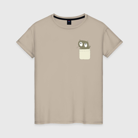 Женская футболка хлопок с принтом Котенок в карманчике в Петрозаводске, 100% хлопок | прямой крой, круглый вырез горловины, длина до линии бедер, слегка спущенное плечо | 