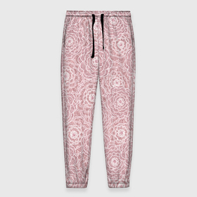 Мужские брюки 3D с принтом Белые ажурные цветы на пыльном розовом в Екатеринбурге, 100% полиэстер | манжеты по низу, эластичный пояс регулируется шнурком, по бокам два кармана без застежек, внутренняя часть кармана из мелкой сетки | 
