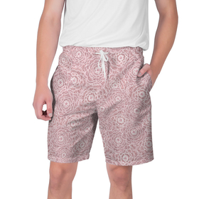 Мужские шорты 3D с принтом Белые ажурные цветы на пыльном розовом в Белгороде,  полиэстер 100% | прямой крой, два кармана без застежек по бокам. Мягкая трикотажная резинка на поясе, внутри которой широкие завязки. Длина чуть выше колен | 