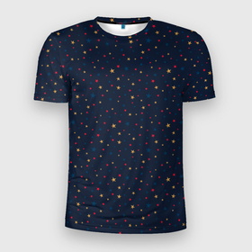 Мужская футболка 3D Slim с принтом Золотые, красные, синие звезды на темно синем в Тюмени, 100% полиэстер с улучшенными характеристиками | приталенный силуэт, круглая горловина, широкие плечи, сужается к линии бедра | 