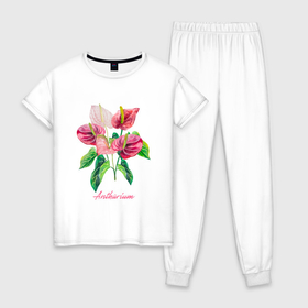 Женская пижама хлопок с принтом Розовый антуриум Ботаническая акварельная иллюстрация , 100% хлопок | брюки и футболка прямого кроя, без карманов, на брюках мягкая резинка на поясе и по низу штанин | 