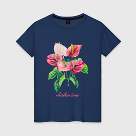 Женская футболка хлопок с принтом Розовый антуриум Ботаническая акварельная иллюстрация в Кировске, 100% хлопок | прямой крой, круглый вырез горловины, длина до линии бедер, слегка спущенное плечо | 
