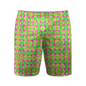 Мужские шорты спортивные с принтом Желтый, зеленый, малиновый калейдоскопический неоновый орнамент ,  |  | Тематика изображения на принте: 