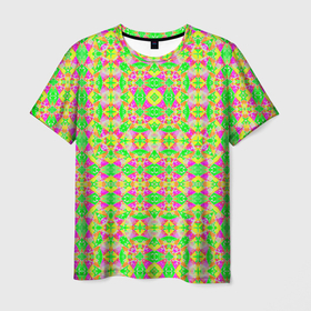 Мужская футболка 3D с принтом Желтый, зеленый, малиновый калейдоскопический неоновый орнамент , 100% полиэфир | прямой крой, круглый вырез горловины, длина до линии бедер | 