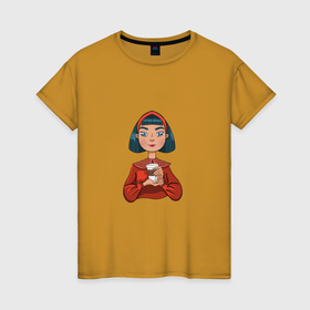 Женская футболка хлопок с принтом Кофеманка в Курске, 100% хлопок | прямой крой, круглый вырез горловины, длина до линии бедер, слегка спущенное плечо | 