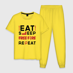 Мужская пижама хлопок с принтом Надпись: eat sleep Free Fire repeat в Новосибирске, 100% хлопок | брюки и футболка прямого кроя, без карманов, на брюках мягкая резинка на поясе и по низу штанин
 | 