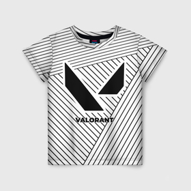 Детская футболка 3D с принтом Символ Valorant на светлом фоне с полосами в Тюмени, 100% гипоаллергенный полиэфир | прямой крой, круглый вырез горловины, длина до линии бедер, чуть спущенное плечо, ткань немного тянется | 
