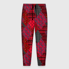 Мужские брюки 3D с принтом Красный лоскутный узор пэчворк в Петрозаводске, 100% полиэстер | манжеты по низу, эластичный пояс регулируется шнурком, по бокам два кармана без застежек, внутренняя часть кармана из мелкой сетки | 