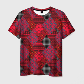 Мужская футболка 3D с принтом Красный лоскутный узор пэчворк в Санкт-Петербурге, 100% полиэфир | прямой крой, круглый вырез горловины, длина до линии бедер | 
