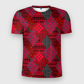 Мужская футболка 3D Slim с принтом Красный лоскутный узор пэчворк в Петрозаводске, 100% полиэстер с улучшенными характеристиками | приталенный силуэт, круглая горловина, широкие плечи, сужается к линии бедра | 