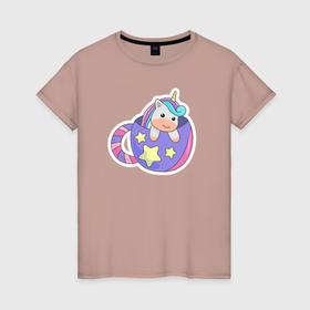 Женская футболка хлопок с принтом Единорог в звездной чашке в Кировске, 100% хлопок | прямой крой, круглый вырез горловины, длина до линии бедер, слегка спущенное плечо | 