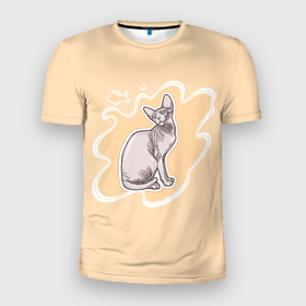 Мужская футболка 3D Slim с принтом Необычная лысая кошка Сфинкс в Белгороде, 100% полиэстер с улучшенными характеристиками | приталенный силуэт, круглая горловина, широкие плечи, сужается к линии бедра | 
