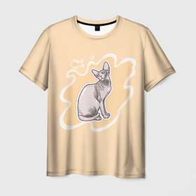 Мужская футболка 3D с принтом Необычная лысая кошка Сфинкс в Санкт-Петербурге, 100% полиэфир | прямой крой, круглый вырез горловины, длина до линии бедер | 