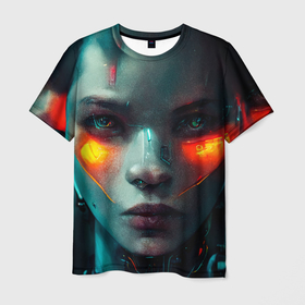 Мужская футболка 3D с принтом Лицо женщины   киборга в Кировске, 100% полиэфир | прямой крой, круглый вырез горловины, длина до линии бедер | 